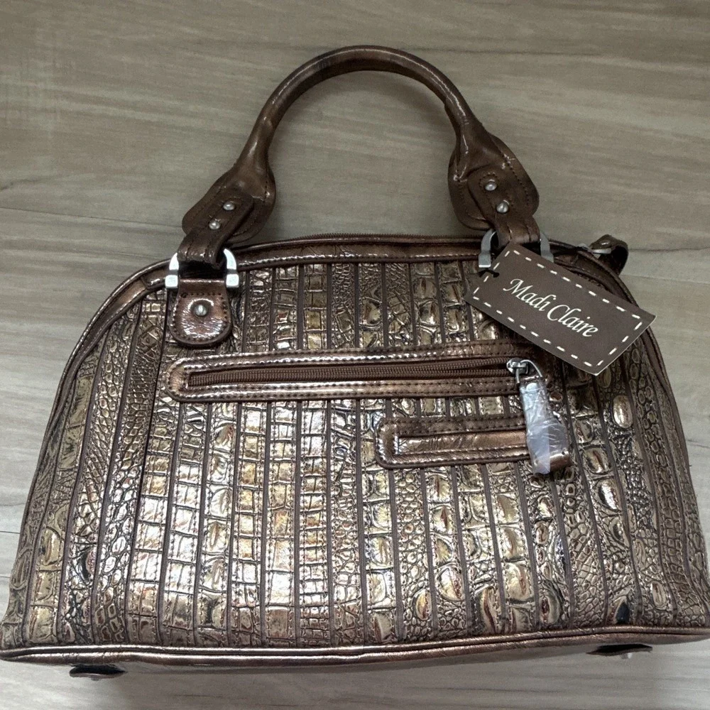 Madi Claire Metallic Bronze Croc Embossed Satchel Zip Shoulder Strap Pockets